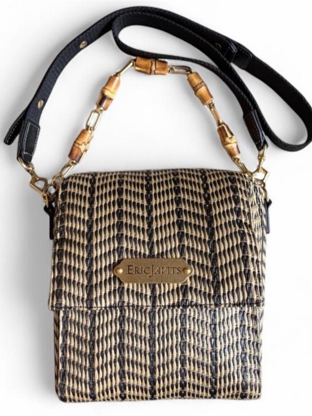 Eric Javits Straw Crossbody with Black Trim and Gold Hardware